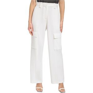 DKNY Womens Crepe Wide Leg Relaxed Cargo Casual Pants, White, 4, DM